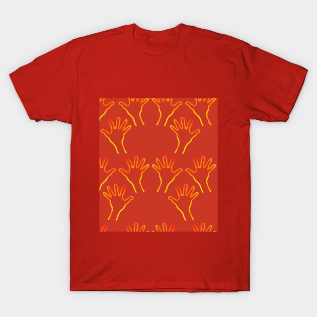 Cave Hands Anew Yellow-Red on Orange-Red 5748 T-Shirt by ArtticArlo